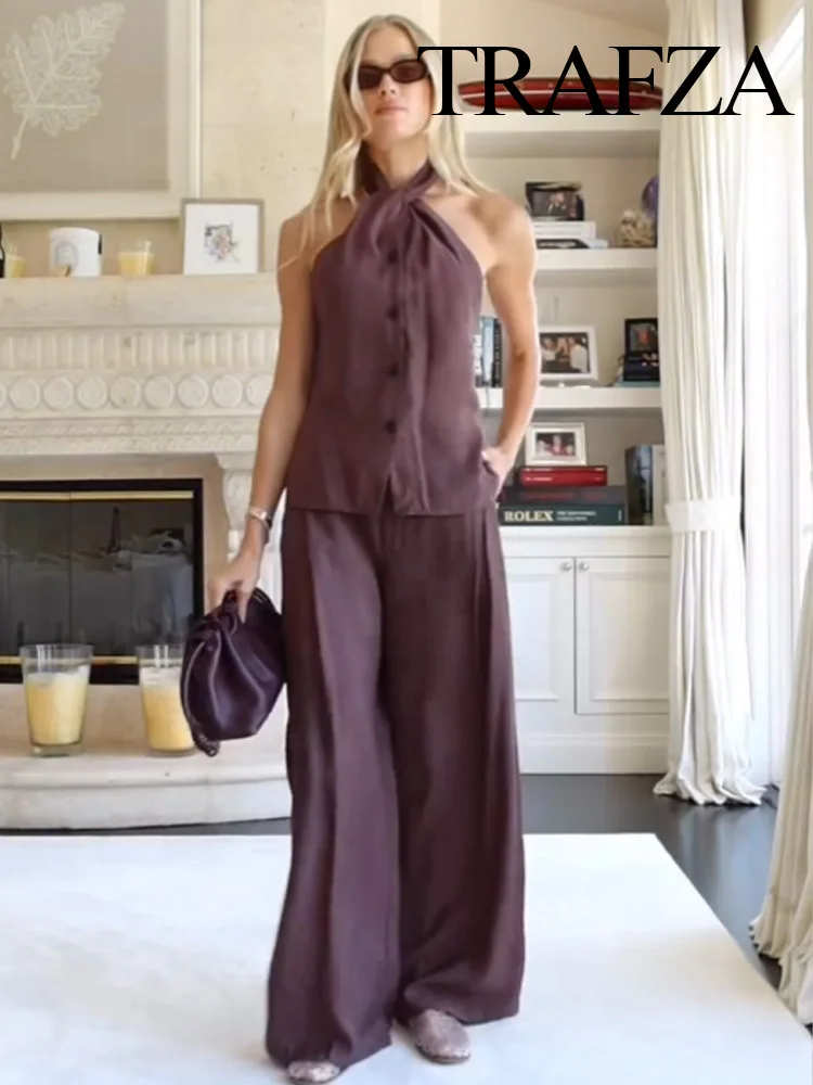 

TRAFZA Women Fashion Solid Pant Suit Knot Decorate Backless Button Hanging Neck Collar Vest+Pocket Flip Cover Pleat Summer Pant