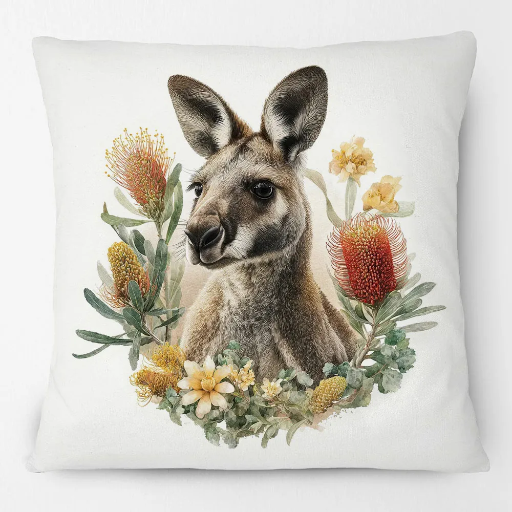 Australian Kangaroo Wallaby Animals Painting Cushion Covers Bottlebrush Flowers Pillow Case