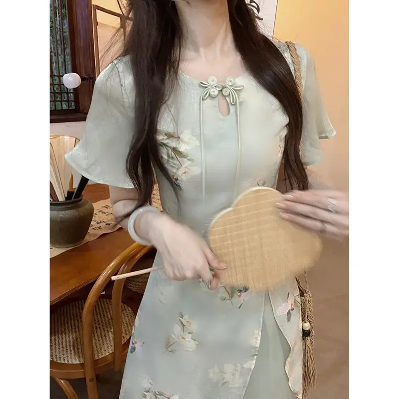 Korea Floral Cheongsam Qipao Women Summer Dress Party Costume Chinese Style Vintage Dresses High Fashion