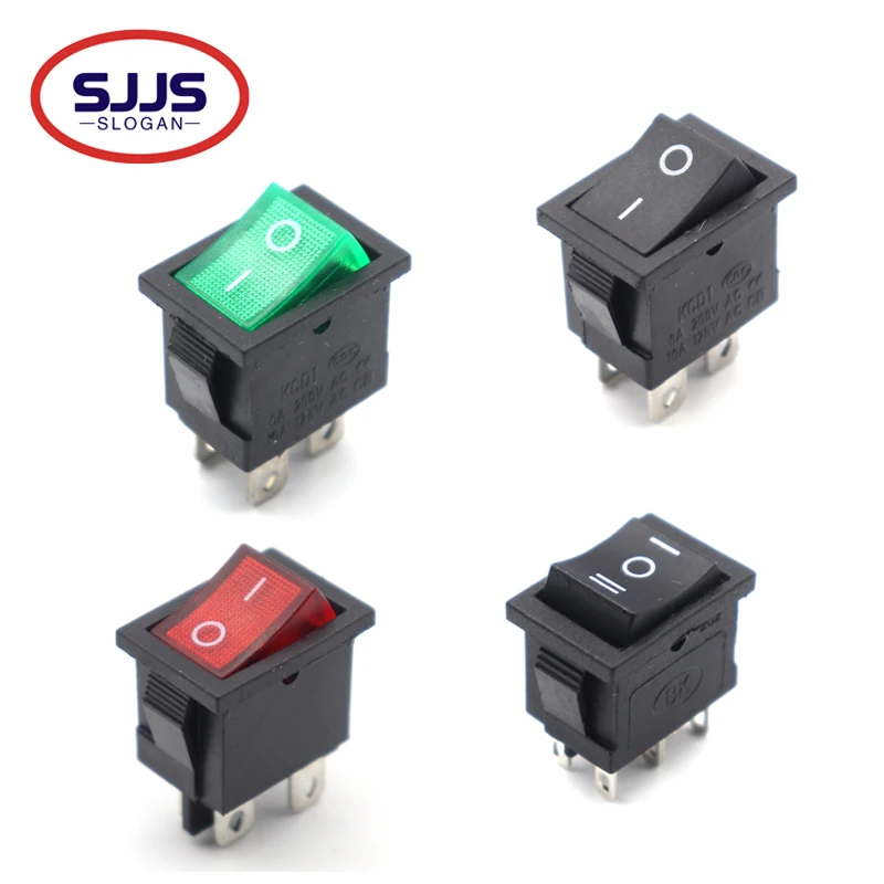 KCD1 Black Red Green LED ON-OFF 4 6 Pin 6A/250V 10A/125V Square Rocker Switch DC AC  Car Dash Dashboard Plastic Switch 21*15mm