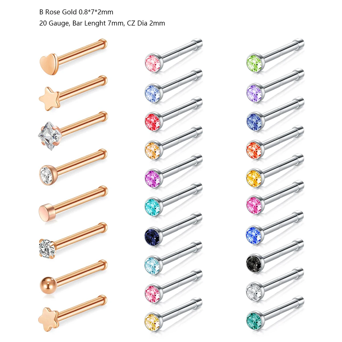 1set 28pcs Women\'s Nose Piercing Set With Stainless Steel Studs Decorated With CZ Gems & Cubic Zirconia Rhinestones