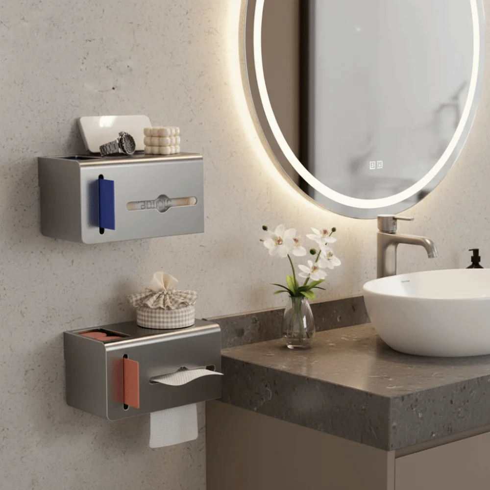 Soporte de papel higiénico de acero al carbono, montado en la pared, impermeable, tejido de baño, sin perforaciones, con soporte para bolsa de basura, caja de papel higiénico