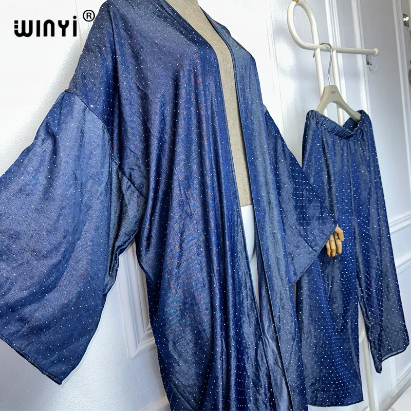 WINYI Africa fashion 2 piece sets women outfit kimonos Women maxi Cardigan pant sets Hot drilling denim suit