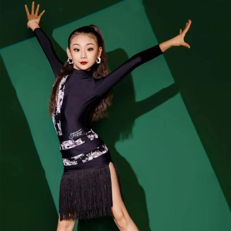 

Children'S Latin Dance Performance Dress Black Long Sleeved Latin Fringed Dress Girls Ballroom Dance Dresses Stage Wear DWY9647