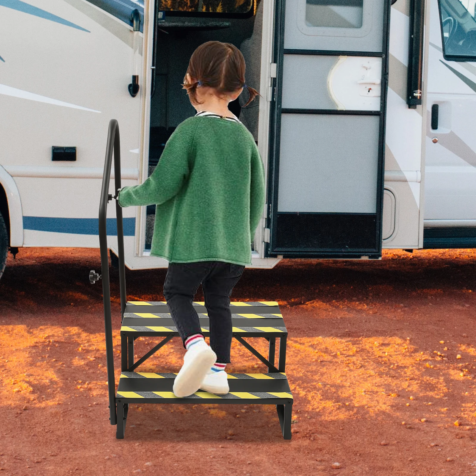 سلم RV بخطوتين من الفولاذ، سعة تحميل 204 كجم للاستخدام الداخلي والخارجي لشاحنة التخييم