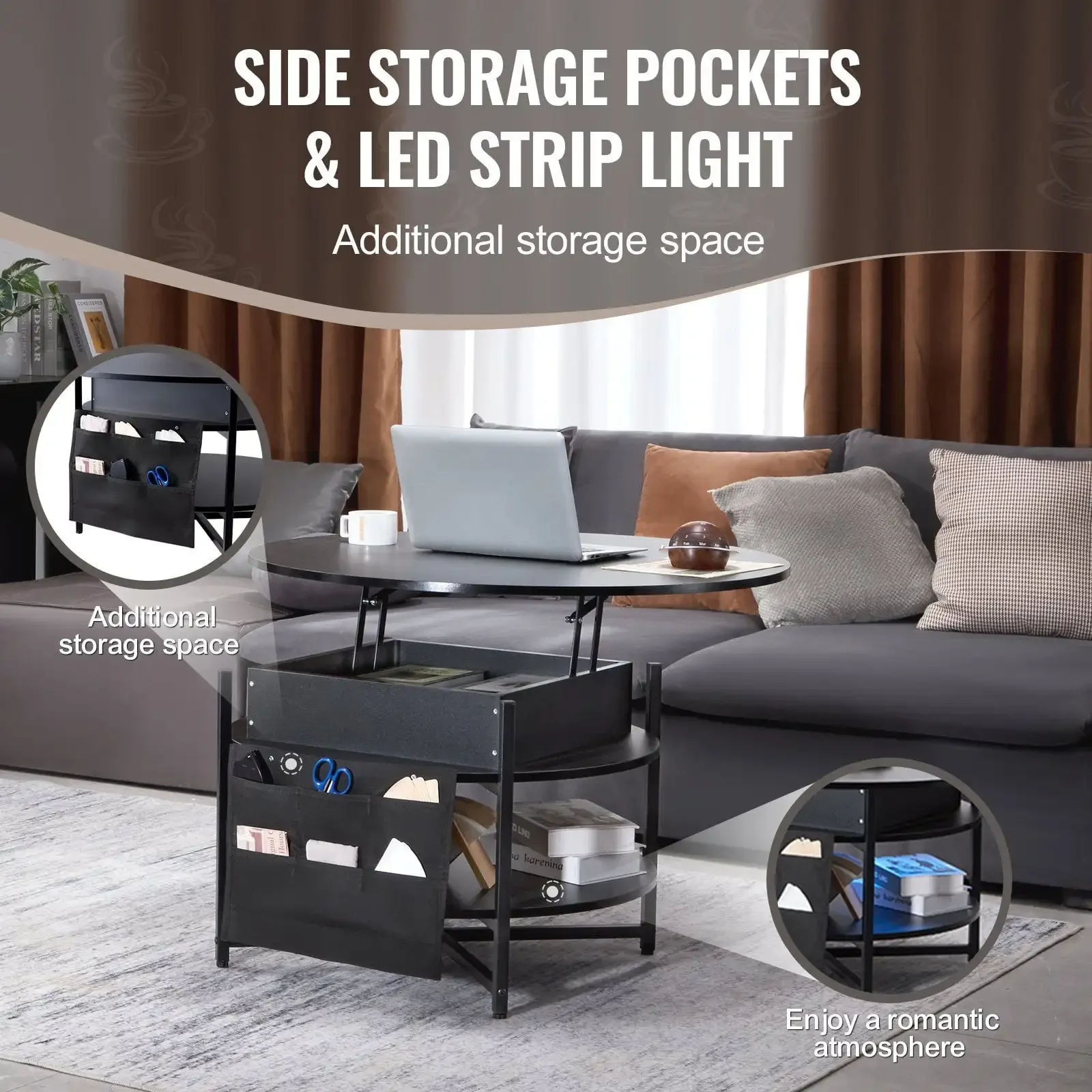 Mesa de centro elevatória 35,3" mesa de centro redonda para sala de estar preta