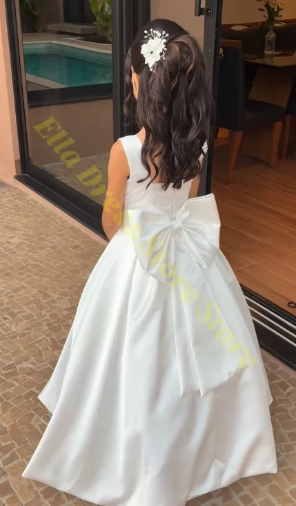 Maßgeschneidertes weißes Blumenmädchenkleid mit Schleifenriemen, Mini-Brautkleid, Kinder-Ballkleid, Erstkommunion-Kleid, Vestidos, Großhandel – Detail 4