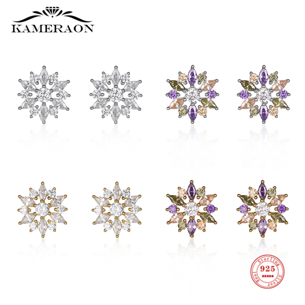 

Kameraon S925 Sterling Silver Real Multicolor Zircon Flower Shape Stud Earring for Women Fashion Party Wedding Jewelry Gifts