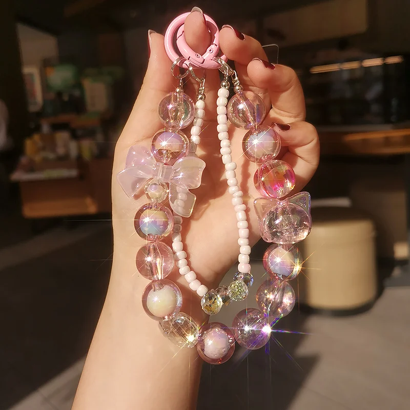 Mobile Phone Lanyard Women's Crystal Bow Beaded Wristband High-end Double Chain Crystal Pearl Anti Loss Clip Style Pendant