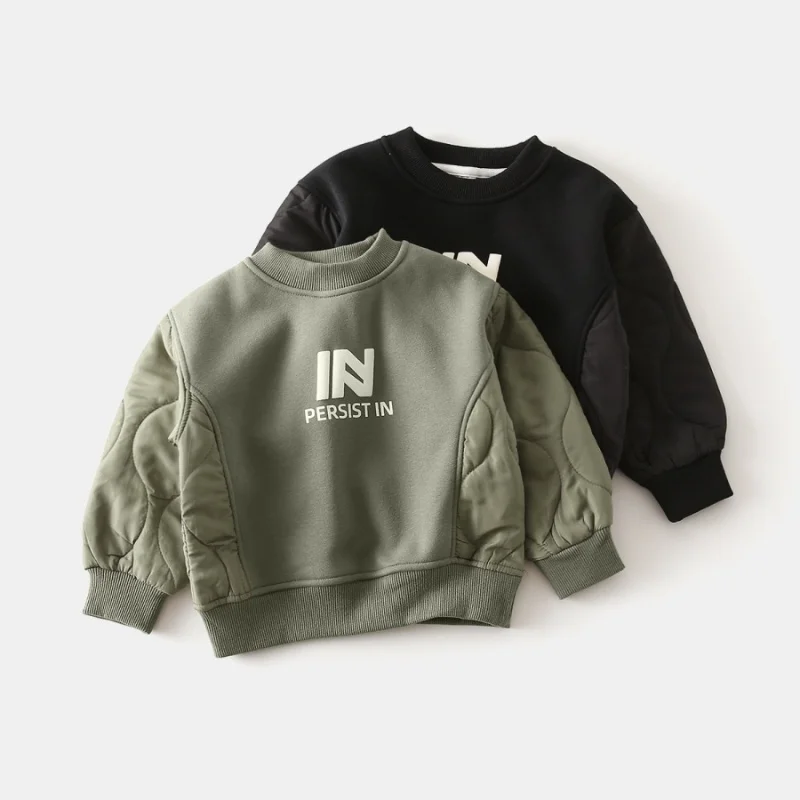 

2025 Autumn Winter New Boys Fleece Lined Sweatshirt Retro Sporty Patchwork Thickened Kids Pullover Top 3 - 8Y