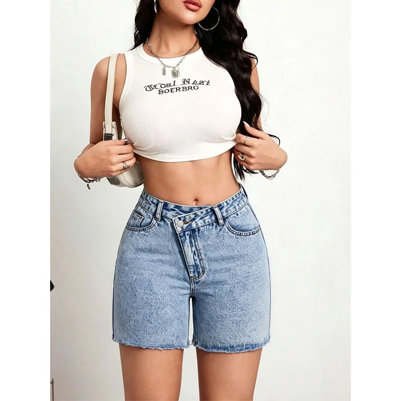Benuynffy Asymmetrical Waist Raw Hem Tight Denim Shorts Women's Summer Retro Fashion Slim All Match Female Jean Shorts 2026 New view 4