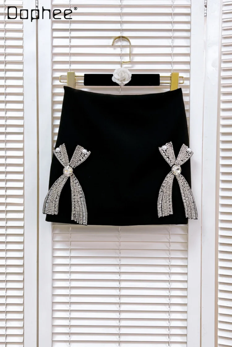 Elegant Rhinestone Bow Black Mini Skirt for Women 2024 New Spring Summer A Line Wrap Hip Sweet Diamonds Slim Skirt Office Lady