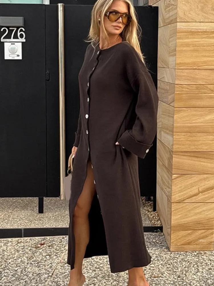 

Сплошной цвет, длинная однобортная вязаная женская куртка, модное пальто с длинными рукавами и круглым вырезом, карманами на пуговицах, женская новая уличная одежда