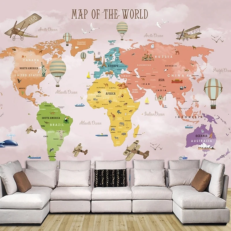 Custom 3D Kids Room Photo Mural Cartoon Girls Bedroom Pink World Map Airplane Hot Air Balloon Wallpaper Home Wall Decor Supplies