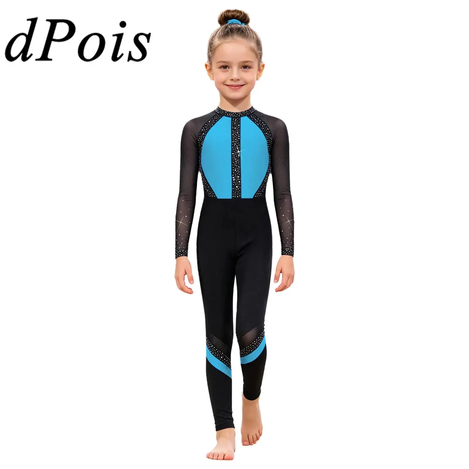 Acrobatics Costume Girls Color Block Long Sleeve Bodysuit Gymnastics JumpsuitKid Full Body Leotard Teens Skating Dance Unitard