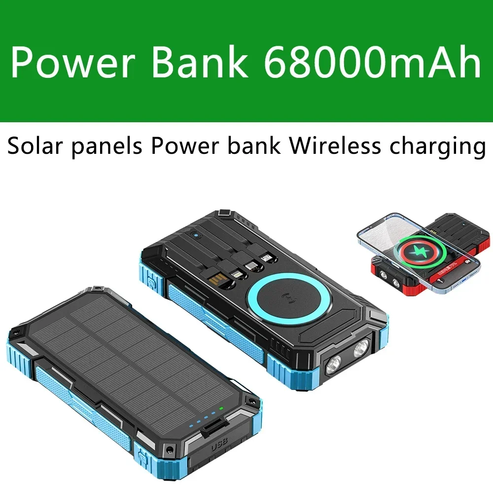 Pengisi daya ponsel panel surya, bank daya nirkabel, pengisi daya ponsel tenaga surya 68000mAh dengan lampu luar ruangan, pengisi daya nirkabel 15W