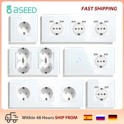 BSEED Touch Light Switch With EU Wall Socket Home Wall Switches 1/2/3Gang 1Way Backlight Crystal Glass Panel USB Wall Sockets