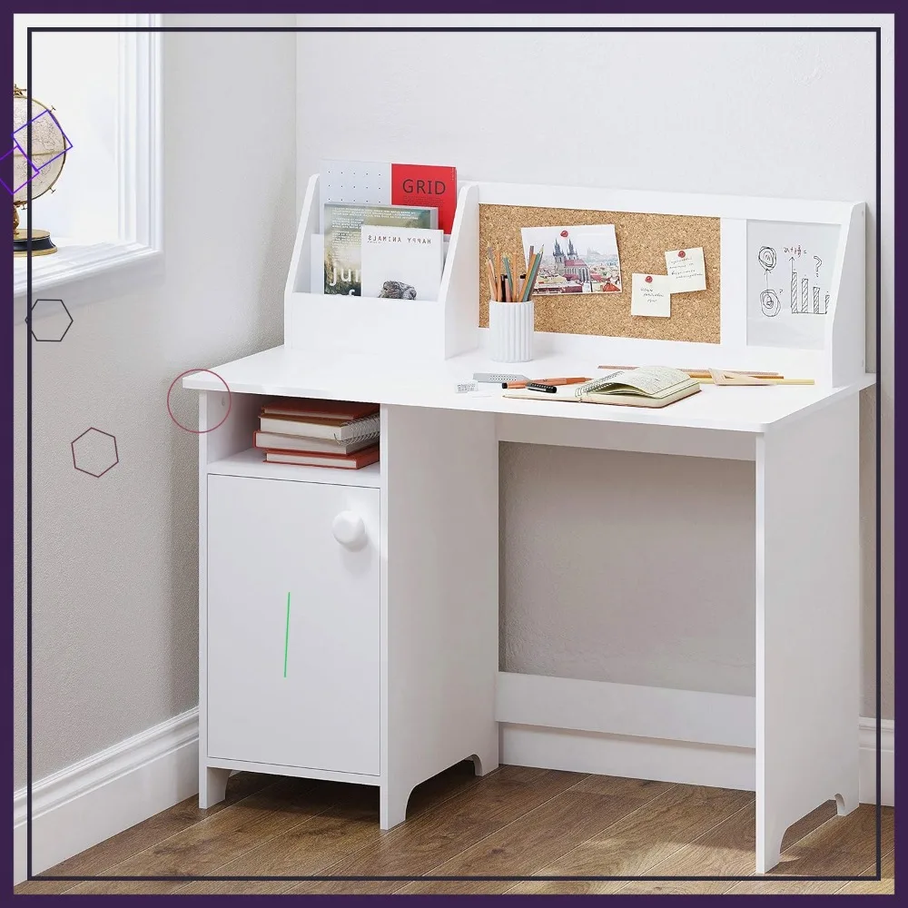 

Kids Study Desk with Storage, Wooden School Table with Hutch & Cabinet for 3-8 Years, White