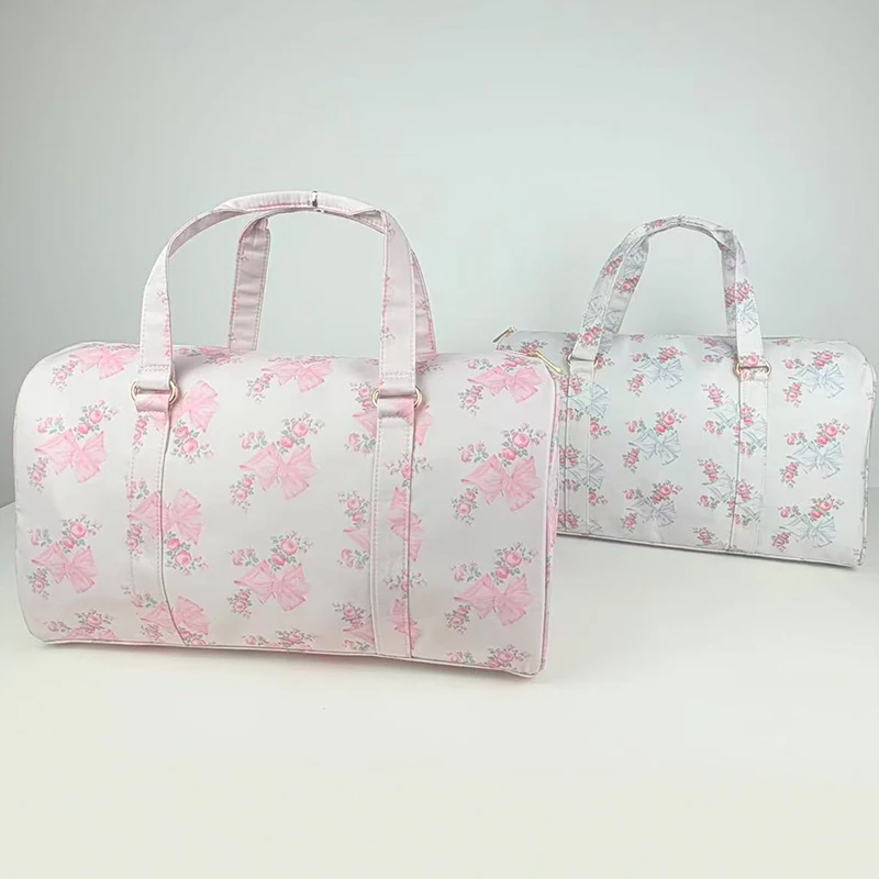 Polyester waterproof pink bow travel bag, large capacity, women\'s crossbody bag, bucket bag, customizable option available
