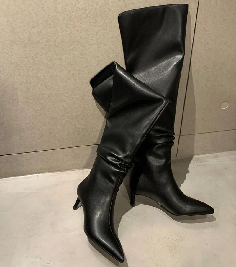 Pleated Design Genuine Leather Over The Knee Boots Women Pointed Toe Thin Heel Concise Thigh High Boots Females Nightclub Shoes