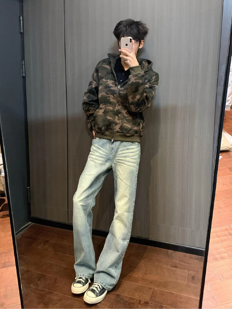 

American Sle Cleanfit Lightning Pattern Flared Jeans Men's Fce Lined Straight Leg Long Slimming Jeans Casual Denim