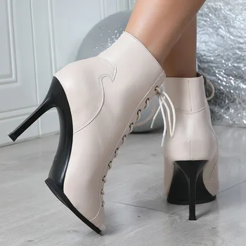 Bottes à lacets à plateforme pour femmes, bottines à châssis aiguille, chaussures d'extérieur, latine, grande taille, sexy, nouvelle mode, 2025