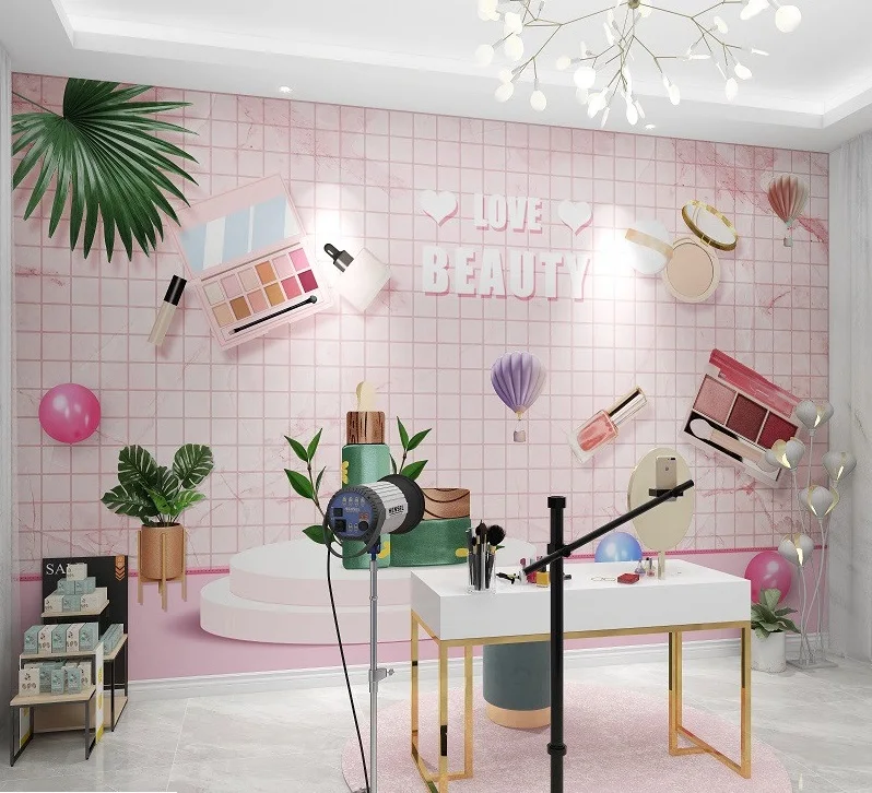 Customized 3D Nordic fashion beauty salon studio wallpaper skin care cosmetics live background mural Living room TV background