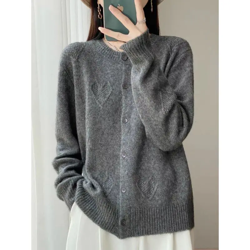 

Autumn Cardigan Women's Round Neck Love Jacquard Hollow Sweater Sweater Temperament Loose Sweater