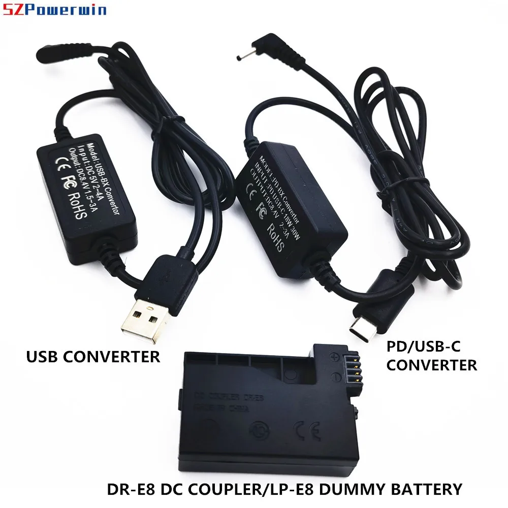 USB Converter+USB-C PD Converter+DRE8 LP-E8 LP E8 Dummy Battery for Canon Cam EOS 550D 600D 650D 700D T2i T3i T4i T5i X4 X5 X6