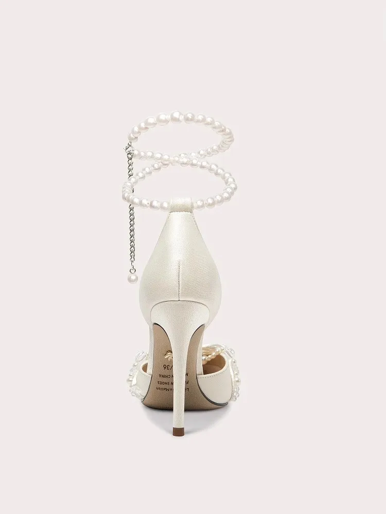 Spring and summer new pointed beaded pearl low-heeled wedding shoes thin high-heeled dress large size small size women's sandals