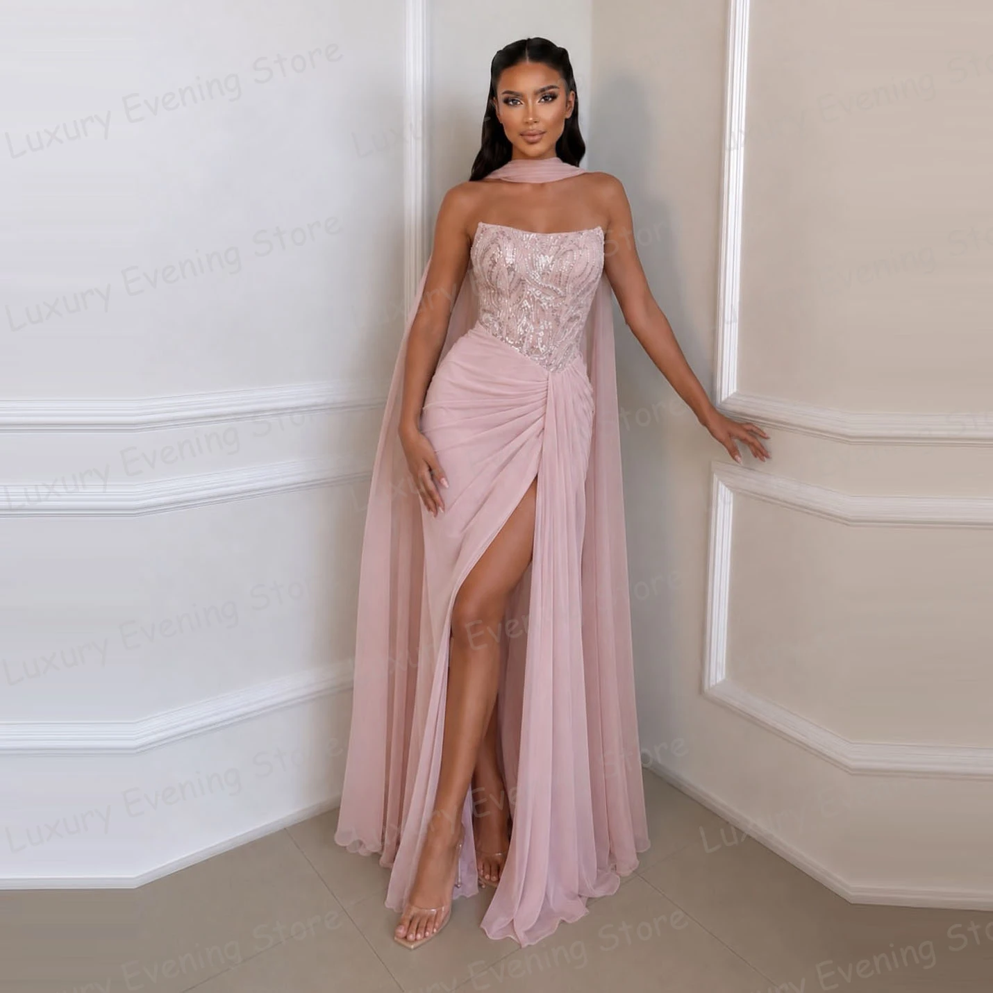 Sexy Pink Evening Dresses Women's High Side Split Mermaid Sequined Prom Gowns Customized Fashion Beach Party Vestidos De Noche