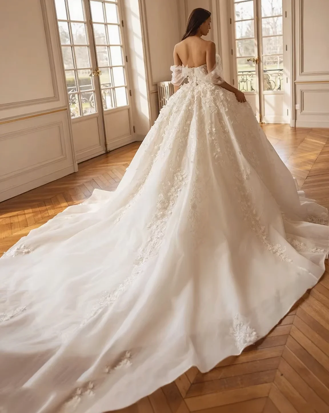 Charming Off Shoulder Wedding Dress 2027 Bead 3D Flower Decal Church Train Tulle Bridal Bride Gowns Robe De Mariage Vestidos