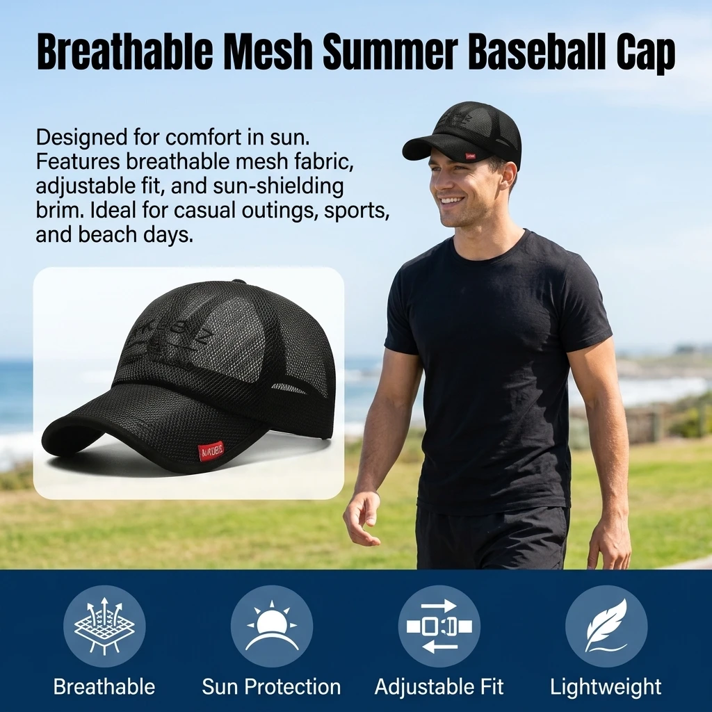 Polyester Mesh Baseball Cap for Summer Outdoor Men's Breathable Sun Hat Adjustable Sporty Travel Cap Durable Lightweight