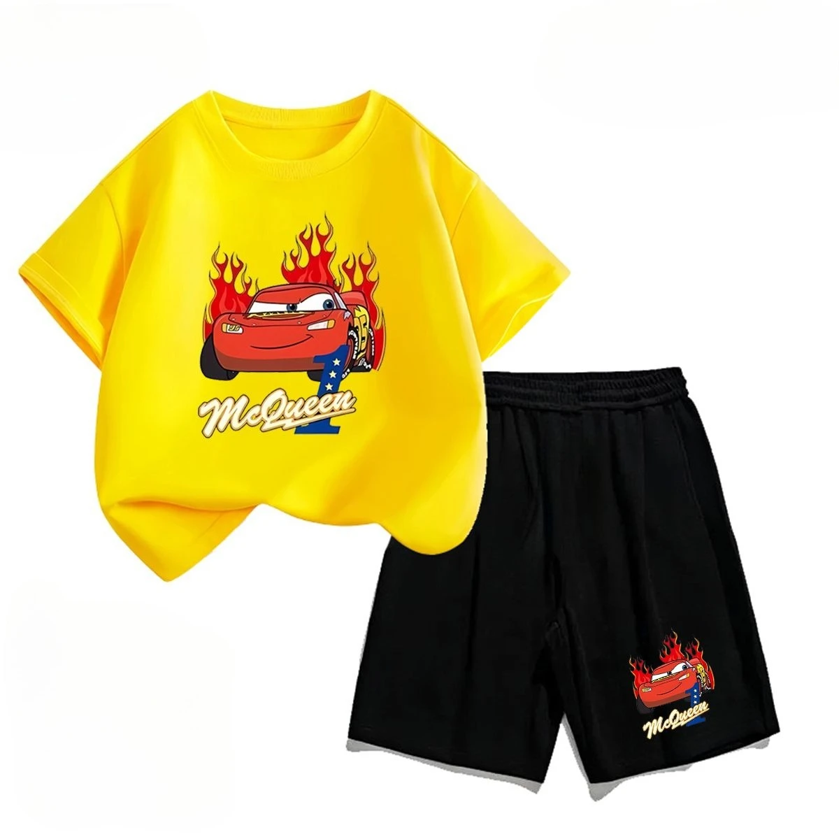 

Cartoon Car Boys Cotton Short Sleeve Set Summer New Lightning McQueen T-Shirt Shorts Medium and Older Children Two-piece Set