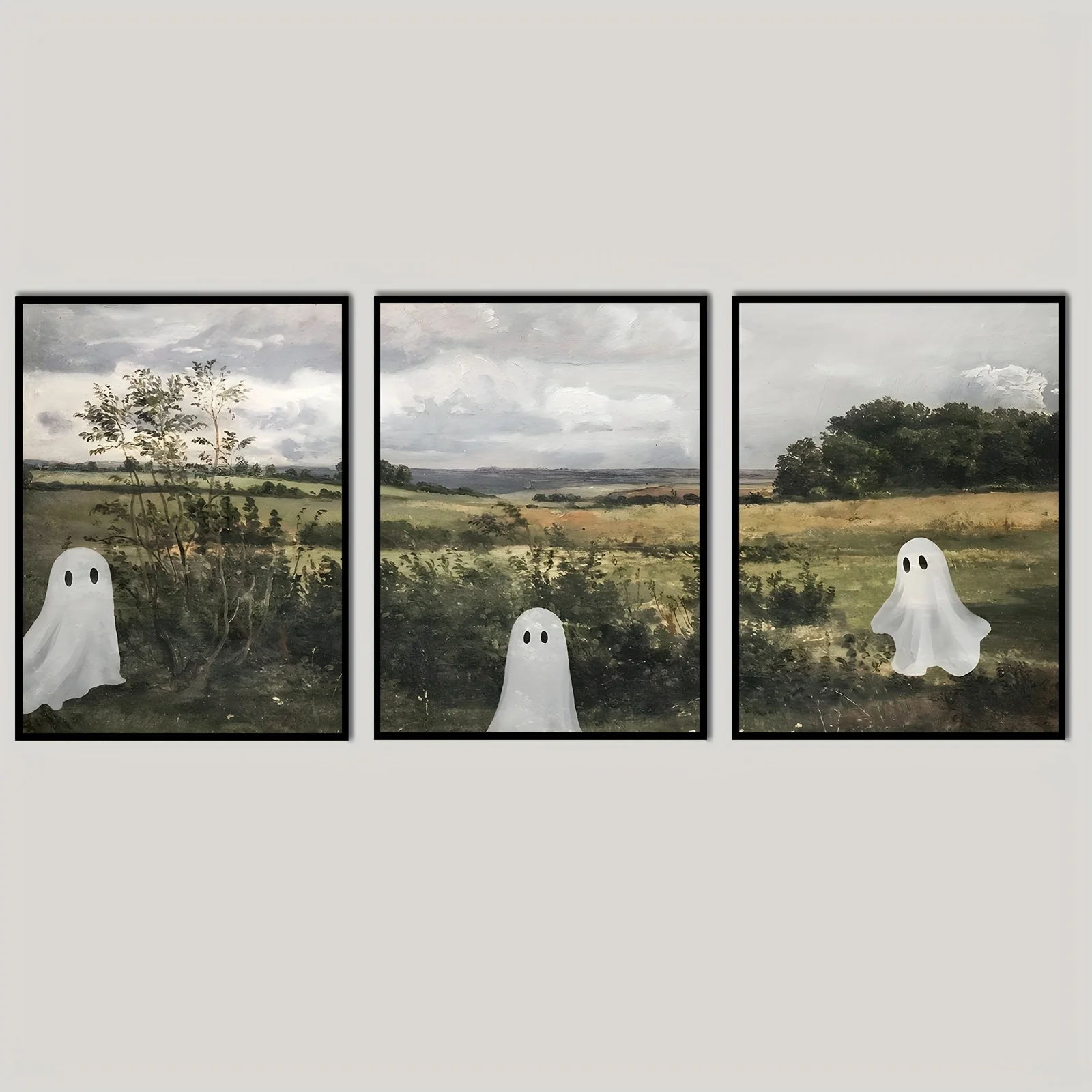 3pcs frameless Canvas Painting Set of 3 Canvas Posters Featuring Spooky Ghosts for Autumn-Themed Farmhouse Living Room Decoratio