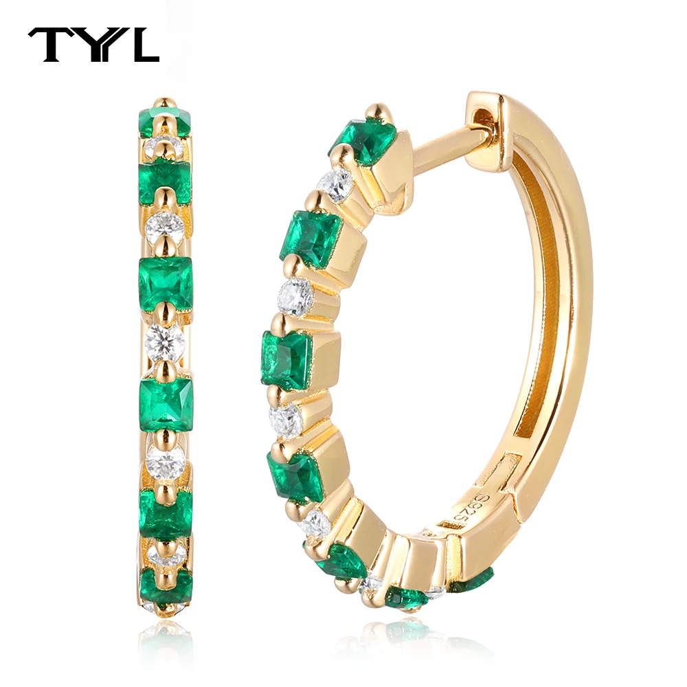 

TYYL 2mm Princess Cut Lab Grown Emerald Hoop Earrings for Woman S925 Silver VVS1 Moissanite Wedding Ear Jewelry Girl Party Gifts