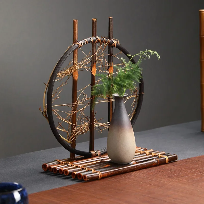 for Round Purple Bamboo Flower Vase Braided Zen Tea Table Ornament Retro Decorative Prop Fence Decoration