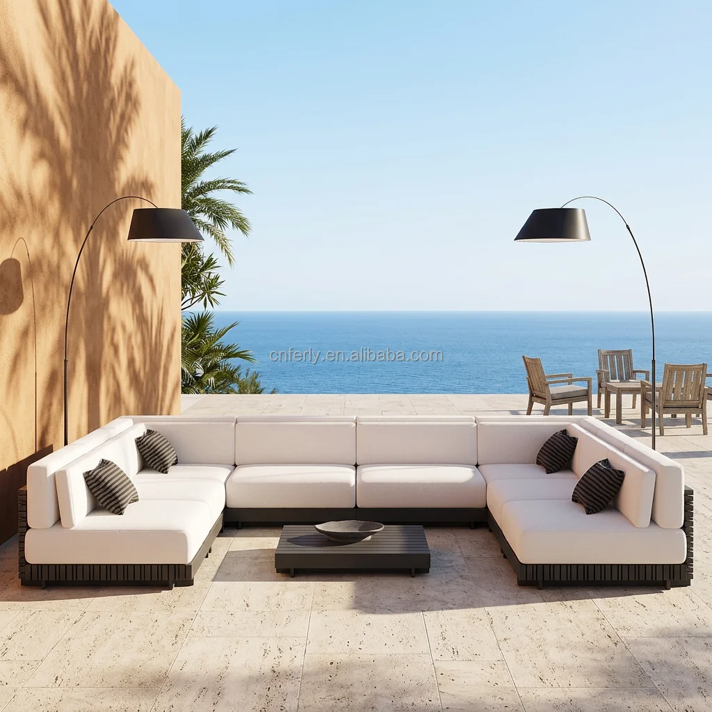 Luxury Modern L-Shaped Outdoor Sectional Sofa Set, Aluminum Frame Patio Conversation Set With Cushions & Coffee Table