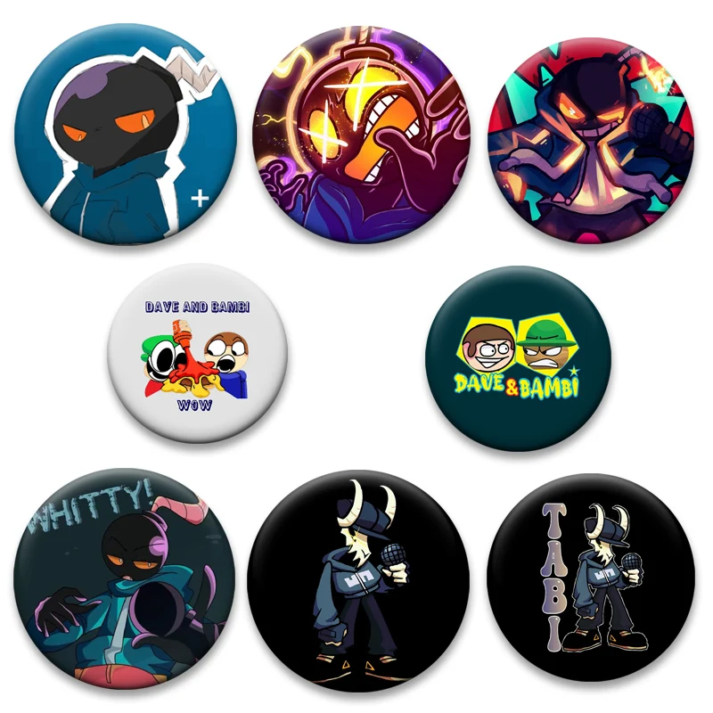 Whitty,Tabi,Tricky,Dave and Bambi,Sky,Garcello Cartoon Pins Funny Anime Badge for Clothes Bag Decor Round Snap-in Brooches Gifts
