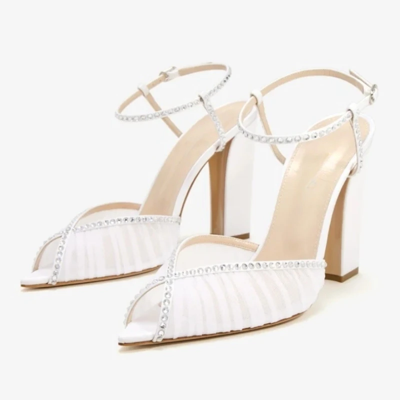 

Modern Crystal V Pointed Toe Women White Lace Mesh Sandals Ankle Strap Chunky Heels Rhinestone Edge Lady Dress Shoes