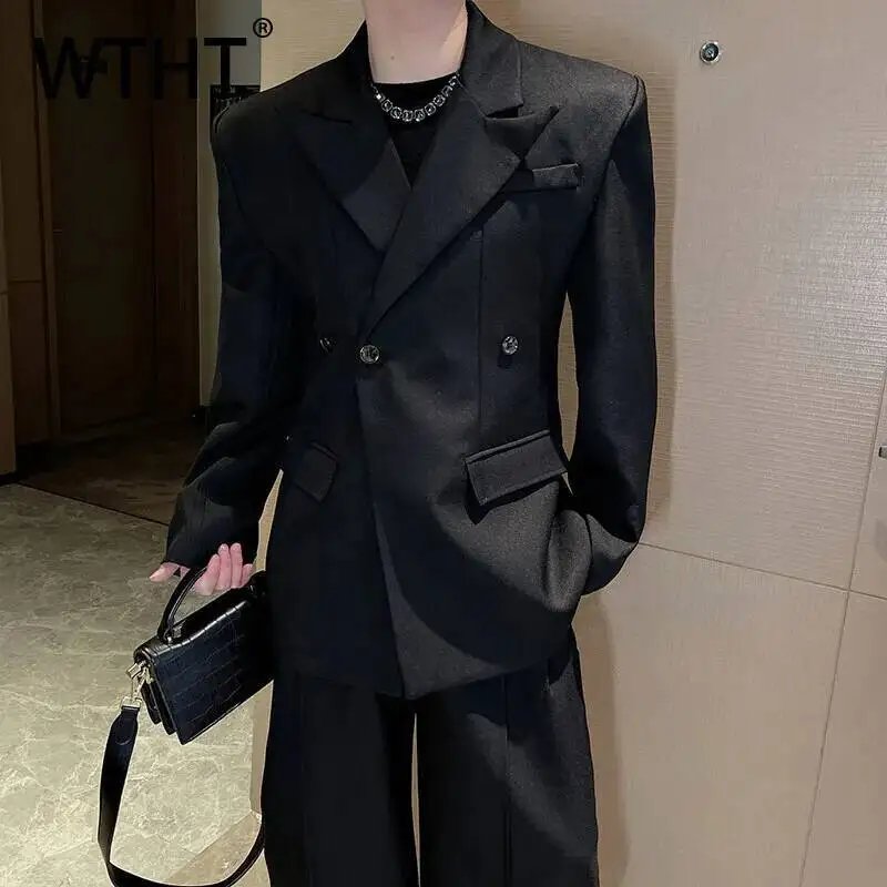 

WTHT модный мужской пиджак с карманами и пуговицами на подплечниках, модная официальная куртка с длинным рукавом и отложным воротником, мужская 2A0311