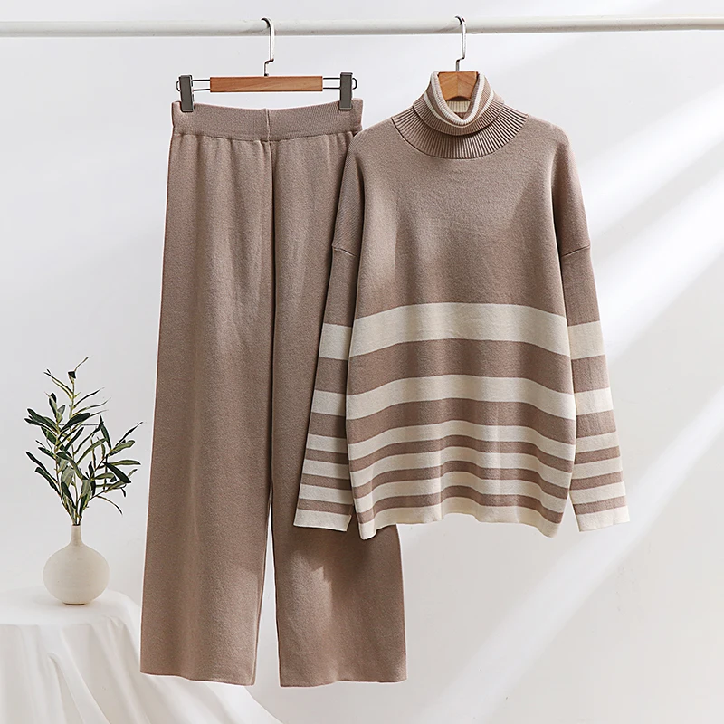 Elegant Turtleneck Stripe Sweater Matching Sets Loungewear Women Knit Pants Suit Casual Winter Knitted Two Piece Sets Women 2024