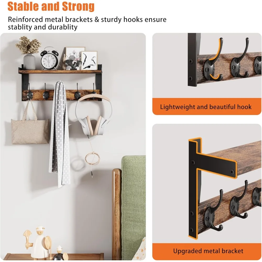 Ganchos de parede com prateleira, cabide de madeira com prateleira de parede, prateleiras suspensas de entrada com 5 ganchos de metal para roupas, chapéus towe