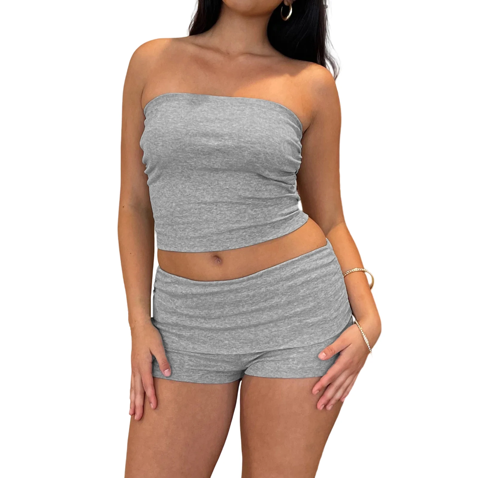 

Женский комплект шорт для тренировок, однотонные топы без бретелек и шорты со средней посадкой, комплект из двух предметов