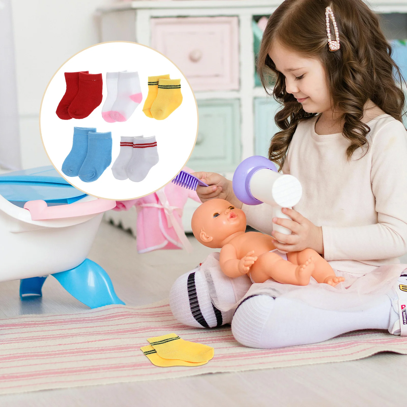 

5Pairs Baby Socks Collection Multicolor Firm Fabric Elegant Styles 18 Inch Girl Outfit Accessories for Dress Up Pretend Play