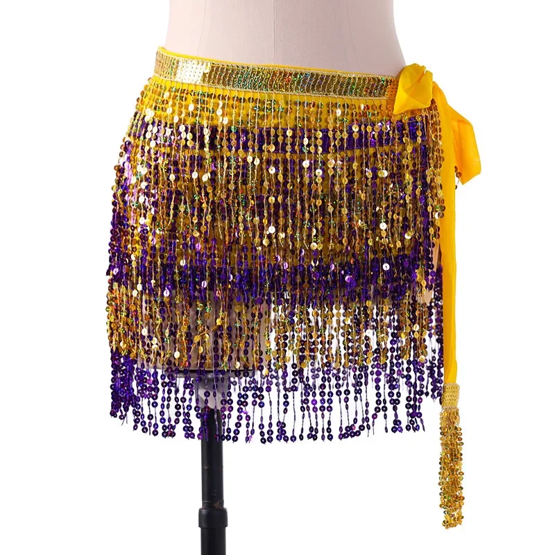 Women 4-Layer Sparkle Sequin Tassel Hip Scarf Belly Dance Performance Fringe Skirt Wrap Belt Perfect for Stage and Festival Wear