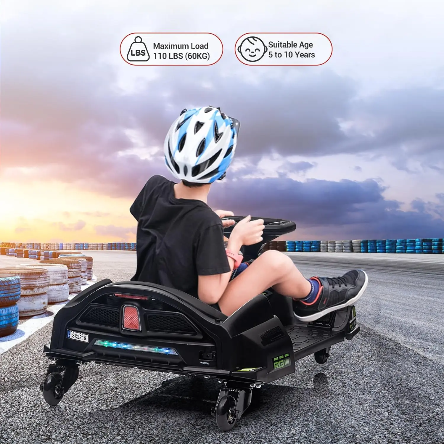 كارت ركوب 12 فولت مع محرك هادئ بدون فرش 45 وات 5 ميل في الساعة، لعبة ركوب الخيل الكهربائية الانجراف كارت الذهاب تعمل بالبطارية في الهواء الطلق للمراهقين