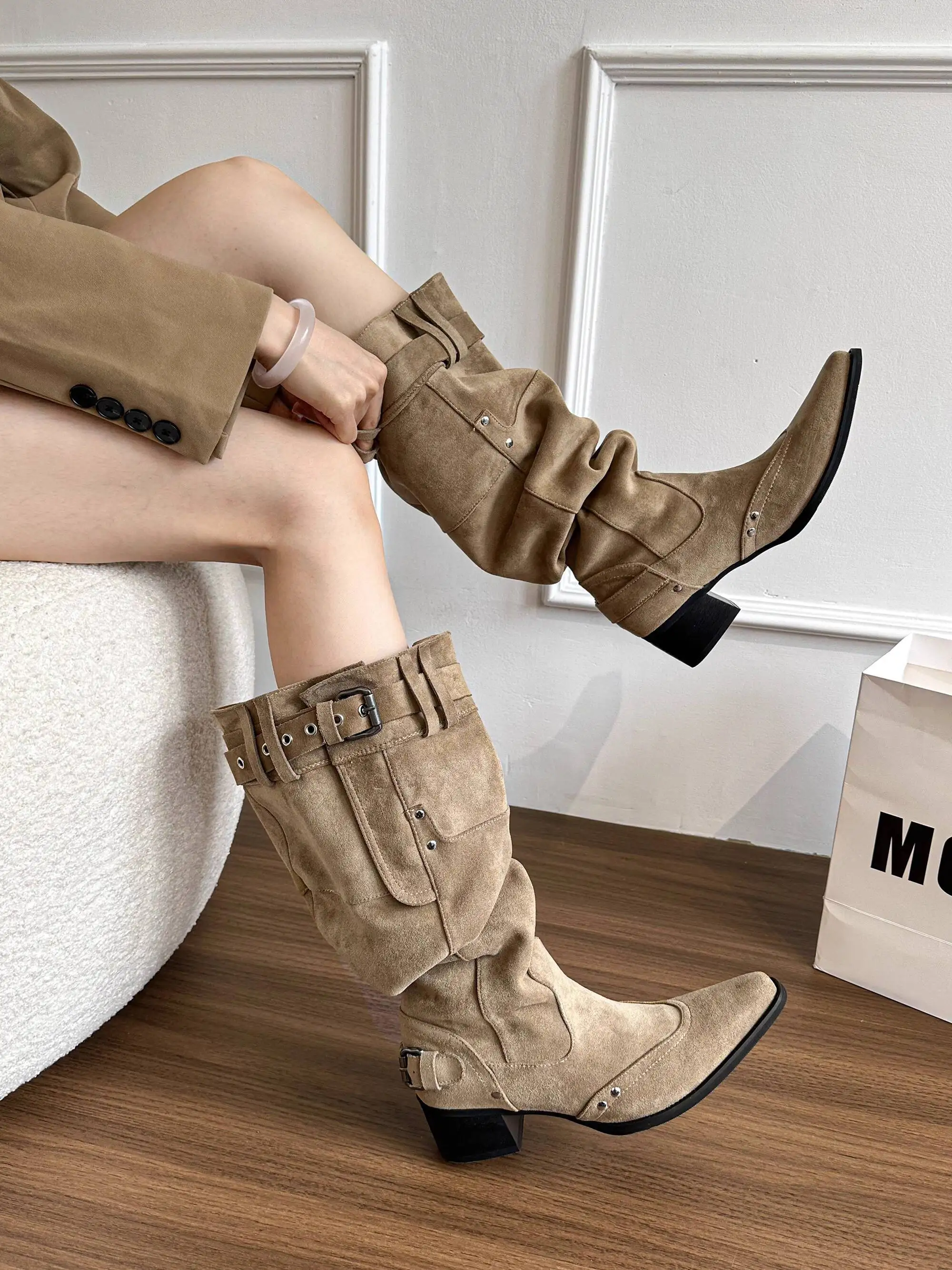 Women Calf Boots 2025 Autumn Winter New Women's Khaki Suede Pointed Toe Block Heel Slim Fitting Ruched Slouchy Boots