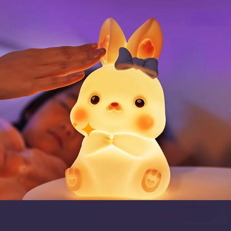 

Rabbit Cute Bunny Pat Light Bedside Lamp Silicone Night Light Touch Sensor Adorable Kids Remote Control Soft Silicone Tap Light
