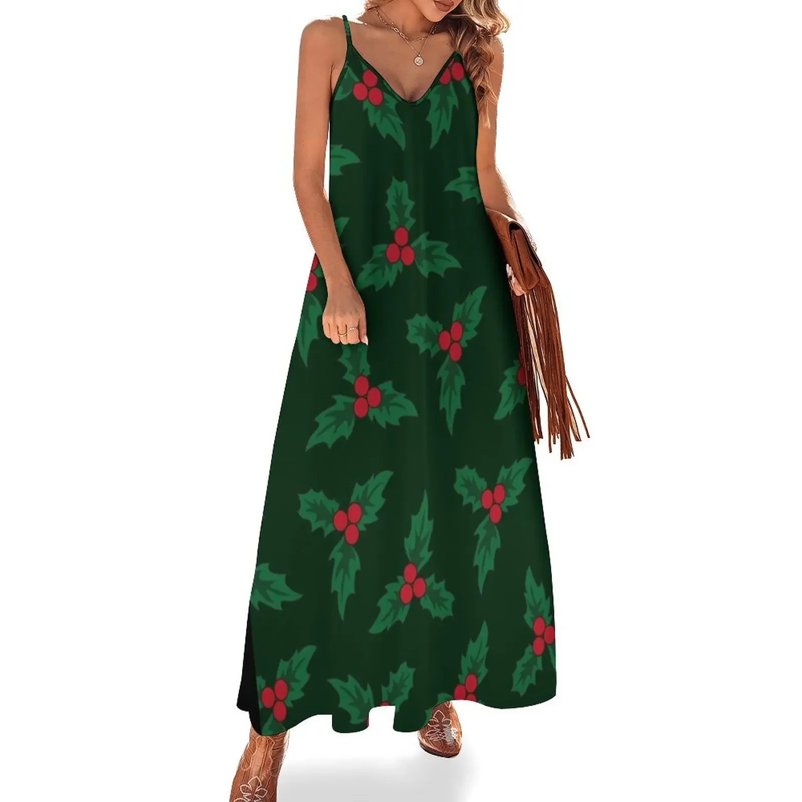 

Christmas Holly Pattern Sleeveless Dress elegant women's sets dresses summer woman 2025 beach dresses Dress